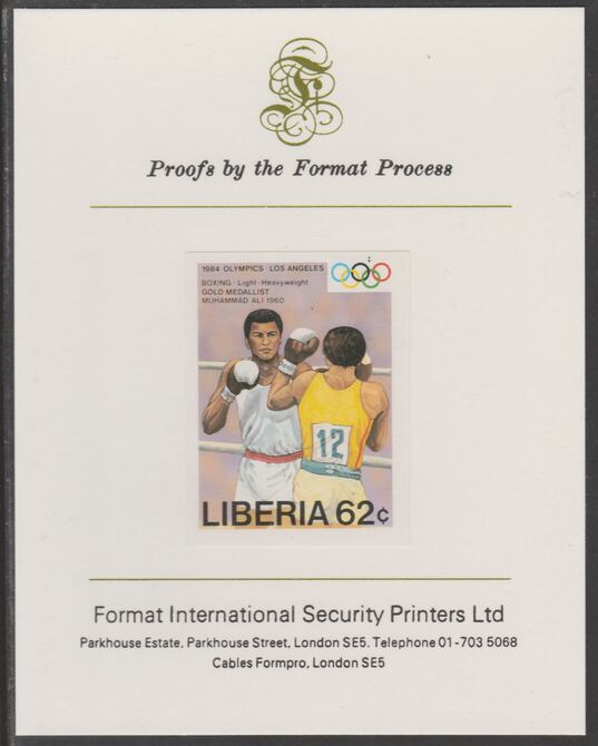 Liberia 1984 Muhammad Ali (Boxer) 62c imperf proof mounted on Format International proof card, as SG 1585, stamps on sport, stamps on olympics, stamps on boxing, stamps on islam
