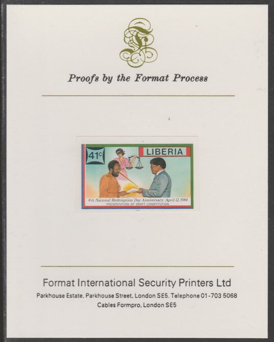 Liberia 1984 Presentation of Constitution 41c imperf proof mounted on Format International proof card, as SG 1573, stamps on constitutions, stamps on judicial