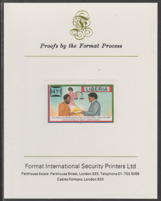 Liberia 1984 Presentation of Constitution 41c imperf proof mounted on Format International proof card, as SG 1573, stamps on constitutions, stamps on judicial