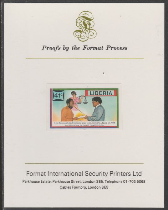 Liberia 1984 Presentation of Constitution 41c imperf proof mounted on Format International proof card, as SG 1573, stamps on , stamps on  stamps on constitutions, stamps on judicial