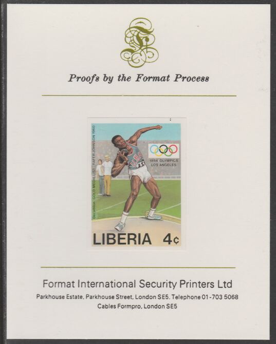 Liberia 1984 Rafer Johnson (Shot) 4c imperf proof mounted on Format International proof card, as SG 1582, stamps on sport, stamps on olympics, stamps on shop