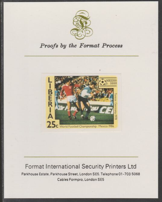 Liberia 1985 Football World Cup 25c imperf proof mounted on Format International proof card, as SG 1607, stamps on football, stamps on sport