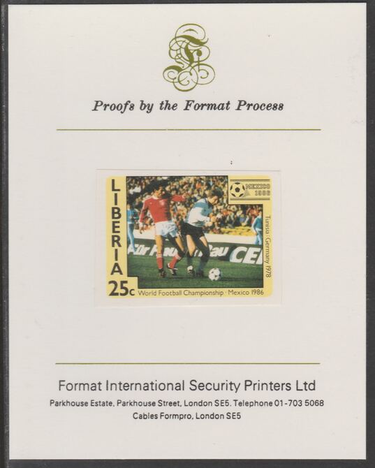 Liberia 1985 Football World Cup 25c imperf proof mounted on Format International proof card, as SG 1607, stamps on , stamps on  stamps on football, stamps on  stamps on sport