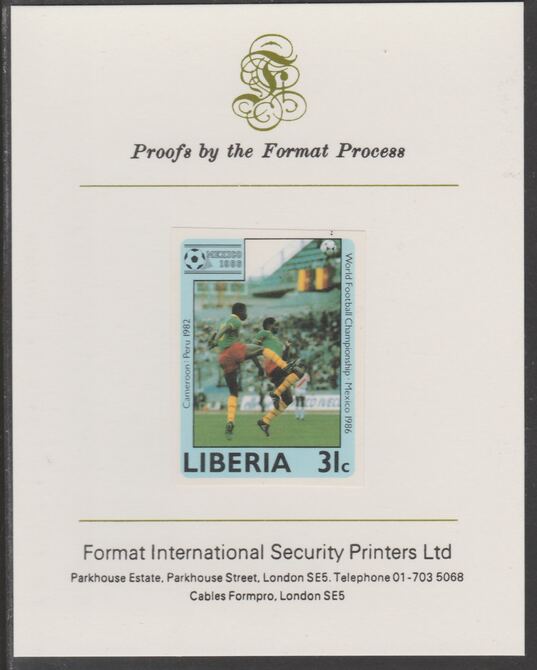 Liberia 1985 Football World Cup 31c imperf proof mounted on Format International proof card, as SG 1608, stamps on football, stamps on sport