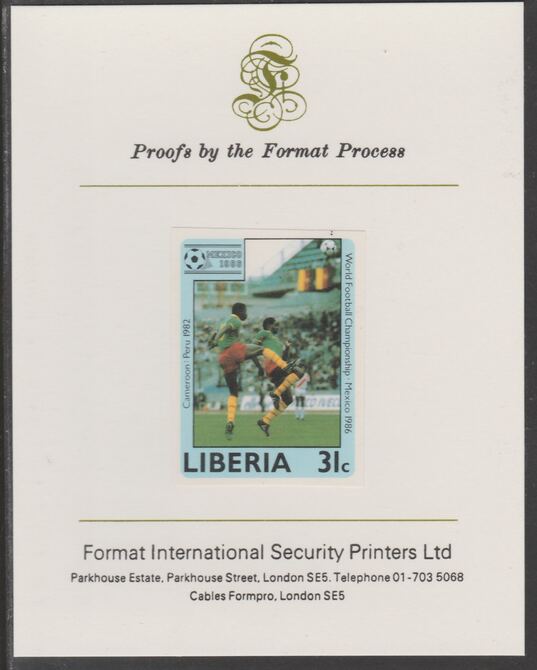 Liberia 1985 Football World Cup 31c imperf proof mounted on Format International proof card, as SG 1608, stamps on , stamps on  stamps on football, stamps on  stamps on sport