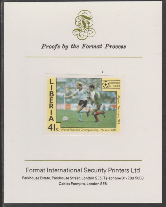 Liberia 1985 Football World Cup 41c imperf proof mounted on Format International proof card, as SG 1609, stamps on football, stamps on sport