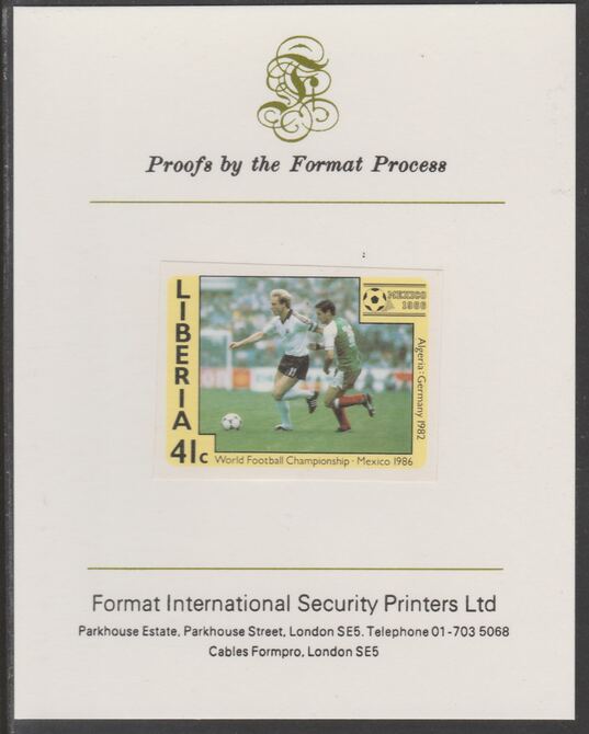 Liberia 1985 Football World Cup 41c imperf proof mounted on Format International proof card, as SG 1609, stamps on , stamps on  stamps on football, stamps on  stamps on sport