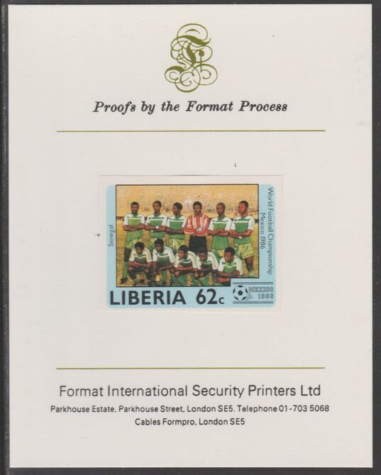 Liberia 1985 Football World Cup 62c imperf proof mounted on Format International proof card, as SG 1610, stamps on , stamps on  stamps on football, stamps on  stamps on sport