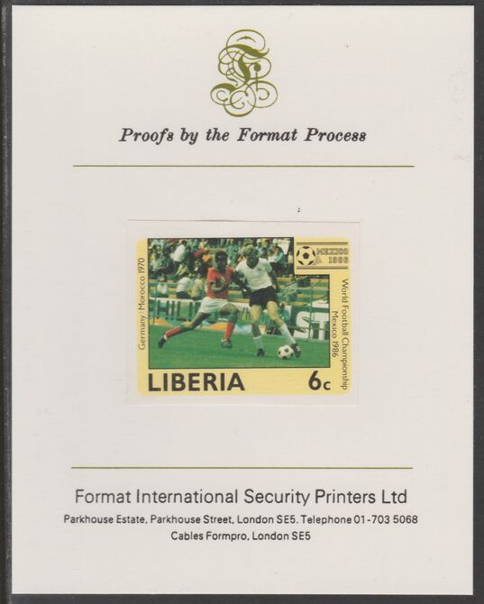 Liberia 1985 Football World Cup 6c imperf proof mounted on Format International proof card, as SG 1605, stamps on football, stamps on sport