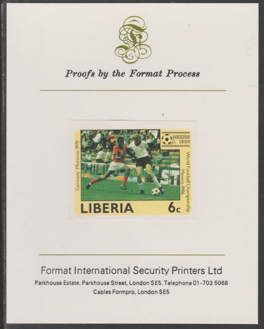 Liberia 1985 Football World Cup 6c imperf proof mounted on Format International proof card, as SG 1605, stamps on , stamps on  stamps on football, stamps on  stamps on sport