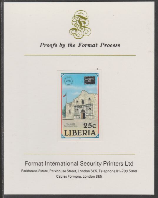 Liberia 1986 Ameripex (Stamp Exhibition) 25c imperf proof mounted on Format International proof card, as SG 1625, stamps on stamp exhibitions, stamps on bells, stamps on stamp on stamp, stamps on stamponstamp