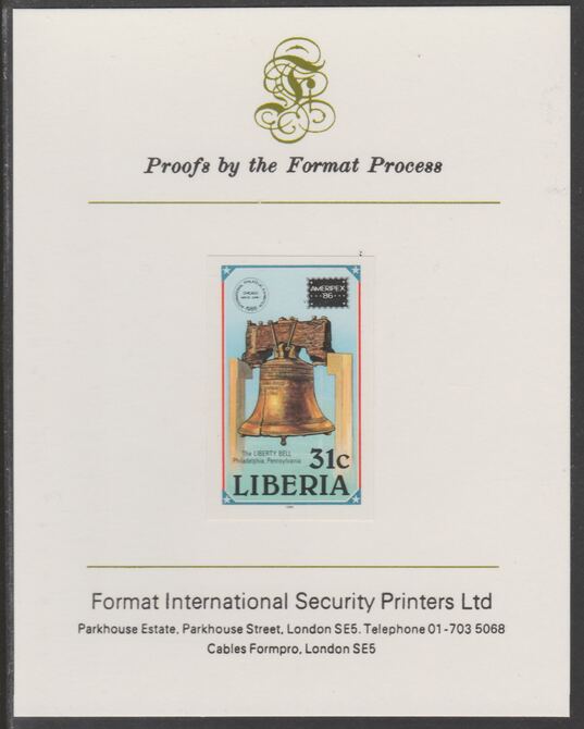 Liberia 1986 Ameripex (Stamp Exhibition) 31c imperf proof mounted on Format International proof card, as SG 1626, stamps on stamp exhibitions, stamps on bells, stamps on stamp on stamp, stamps on stamponstamp