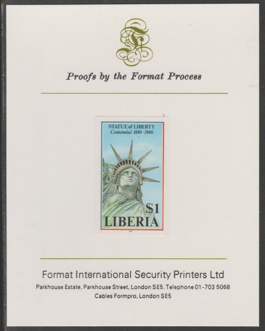 Liberia 1986 Statue of Liberty Centenary $1 imperf proof mounted on Format International proof card, as SG 1630, stamps on , stamps on  stamps on monuments, stamps on americana, stamps on civil engineering, stamps on statues