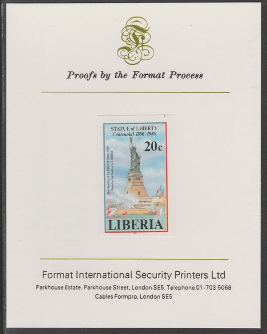 Liberia 1986 Statue of Liberty Centenary 20c imperf proof mounted on Format International proof card, as SG 1628, stamps on , stamps on  stamps on monuments, stamps on americana, stamps on civil engineering, stamps on statues