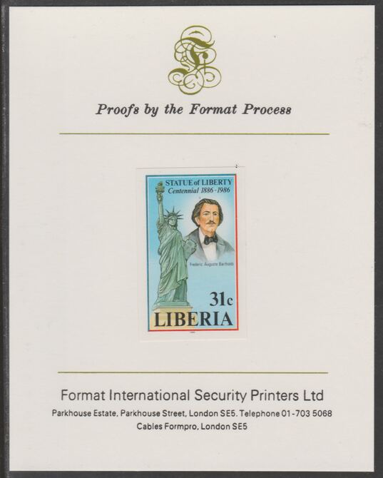 Liberia 1986 Statue of Liberty Centenary 31c imperf proof mounted on Format International proof card, as SG 1629, stamps on , stamps on  stamps on monuments, stamps on americana, stamps on civil engineering, stamps on statues