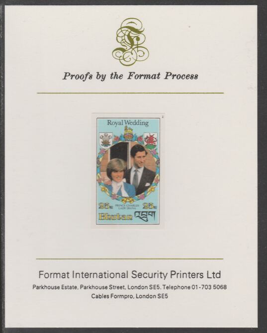 Bhutan 1981 Royal Wedding 25n imperf proof mounted on Format International proof card, as SG 443, stamps on , stamps on  stamps on royalty, stamps on  stamps on royal wedding, stamps on  stamps on diana, stamps on  stamps on charles, stamps on  stamps on 