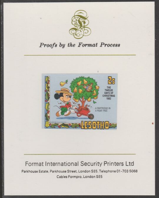 Lesotho 1982 Disney Christmas - Twelve Days of Christmas 2c A Partridge in a Pear Tree imperf proof mounted on Format International proof card, as SG 523, stamps on christmas.disney, stamps on carols