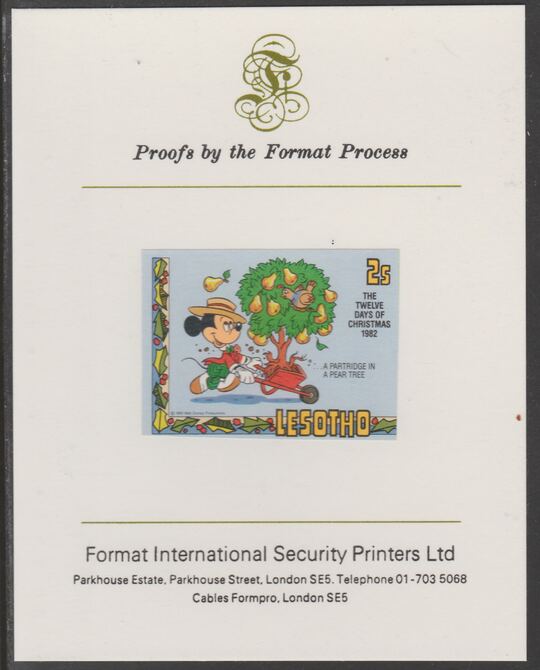 Lesotho 1982 Disney Christmas - Twelve Days of Christmas 2c A Partridge in a Pear Tree imperf proof mounted on Format International proof card, as SG 523, stamps on , stamps on  stamps on christmas.disney, stamps on  stamps on carols