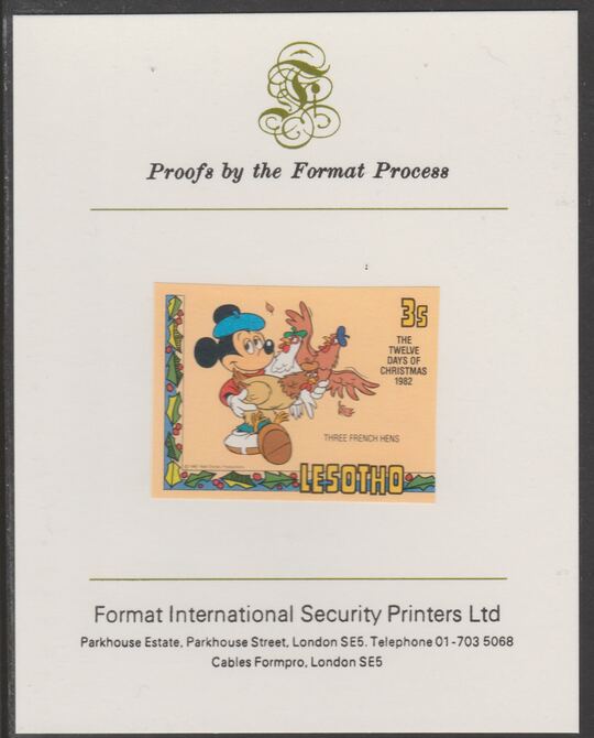 Lesotho 1982 Disney Christmas - Twelve Days of Christmas 3c Three French Hens imperf proof mounted on Format International proof card, as SG 525, stamps on , stamps on  stamps on christmas.disney, stamps on  stamps on carols