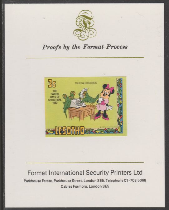 Lesotho 1982 Disney Christmas - Twelve Days of Christmas 3c Four Calling Birds imperf proof mounted on Format International proof card, as SG 526, stamps on , stamps on  stamps on christmas.disney, stamps on  stamps on carols