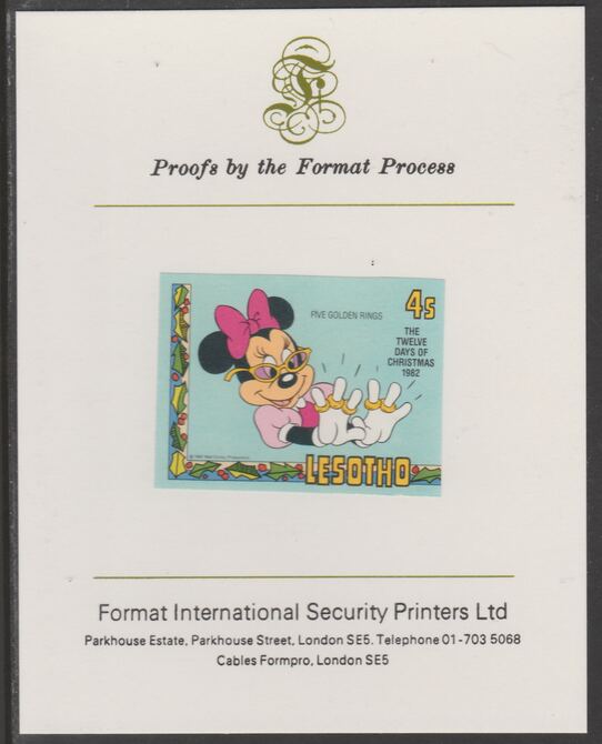 Lesotho 1982 Disney Christmas - Twelve Days of Christmas 4c Five Golden Rings imperf proof mounted on Format International proof card, as SG 527, stamps on , stamps on  stamps on christmas.disney, stamps on  stamps on carols