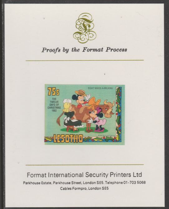 Lesotho 1982 Disney Christmas - Twelve Days of Christmas 75c Eight Maids A-Milking imperf proof mounted on Format International proof card, as SG 530, stamps on , stamps on  stamps on christmas.disney, stamps on  stamps on carols