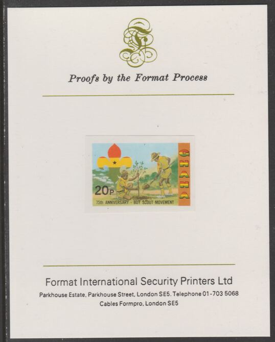 Ghana 1982 75th Anniversary of Scouting 20p Planting Tree imperf proof mounted on Format International proof card, as SG 991, stamps on , stamps on  stamps on proof, stamps on  stamps on scouts, stamps on  stamps on trees