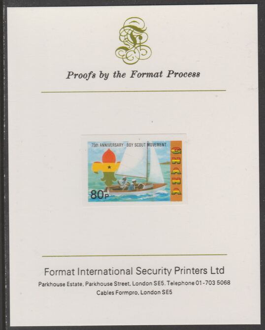 Ghana 1982 75th Anniversary of Scouting 80p Sea Scouts Sailing imperf proof mounted on Format International proof card, as SG 993, stamps on , stamps on  stamps on proof, stamps on  stamps on scouts, stamps on  stamps on sailing