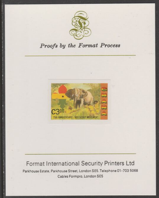 Ghana 1982 75th Anniversary of Scouting 3c Observing Elephant imperf proof mounted on Format International proof card, as SG 994, stamps on proof, stamps on scouts, stamps on elephants