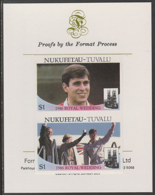 Tuvalu - Nukufetau 1986 Royal Wedding (Andrew & Fergie) $1 imperf se-tenant proof pair mounted on Format International proof card , stamps on , stamps on  stamps on royalty, stamps on  stamps on andrew, stamps on  stamps on fergie, stamps on  stamps on 