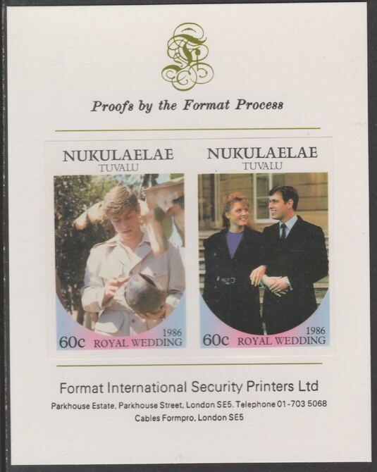 Tuvalu - Nukulaelae 1986 Royal Wedding (Andrew & Fergie) 60c imperf se-tenant proof pair mounted on Format International proof card , stamps on , stamps on  stamps on royalty, stamps on  stamps on andrew, stamps on  stamps on fergie, stamps on  stamps on 