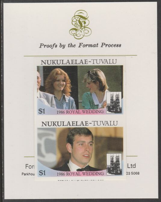 Tuvalu - Nukulaelae 1986 Royal Wedding (Andrew & Fergie) $1 imperf se-tenant proof pair mounted on Format International proof card , stamps on , stamps on  stamps on royalty, stamps on  stamps on andrew, stamps on  stamps on fergie, stamps on  stamps on 