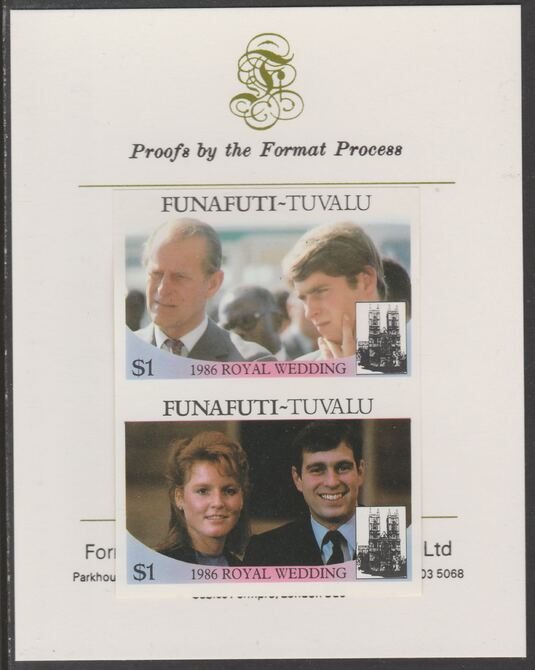Tuvalu - Funafuti 1986 Royal Wedding (Andrew & Fergie) $1 imperf se-tenant proof pair mounted on Format International proof card , stamps on , stamps on  stamps on royalty, stamps on  stamps on andrew, stamps on  stamps on fergie, stamps on  stamps on 