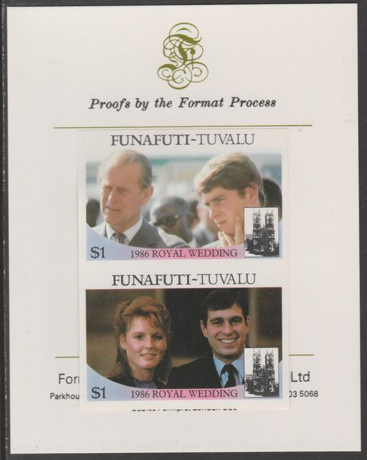 Tuvalu - Funafuti 1986 Royal Wedding (Andrew & Fergie) $1 imperf se-tenant proof pair mounted on Format International proof card , stamps on royalty, stamps on andrew, stamps on fergie, stamps on 