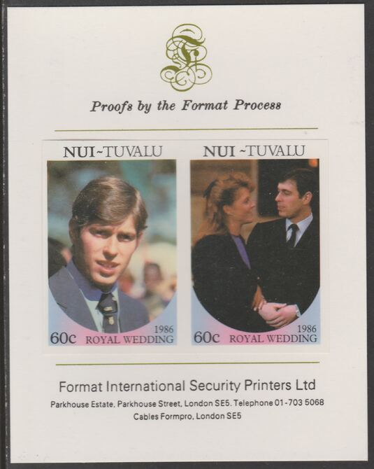 Tuvalu - Nui 1986 Royal Wedding (Andrew & Fergie) 60c imperf se-tenant proof pair mounted on Format International proof card , stamps on royalty, stamps on andrew, stamps on fergie, stamps on 