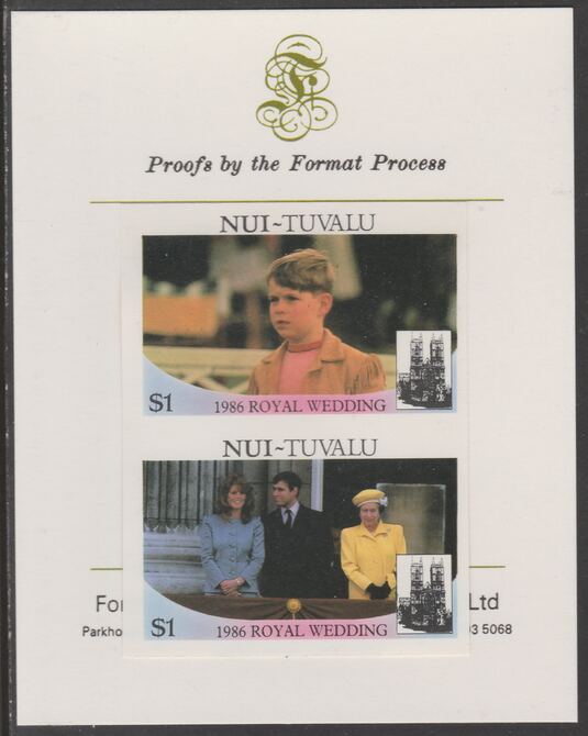 Tuvalu - Nui 1986 Royal Wedding (Andrew & Fergie) $1 imperf se-tenant proof pair mounted on Format International proof card , stamps on , stamps on  stamps on royalty, stamps on  stamps on andrew, stamps on  stamps on fergie, stamps on  stamps on 