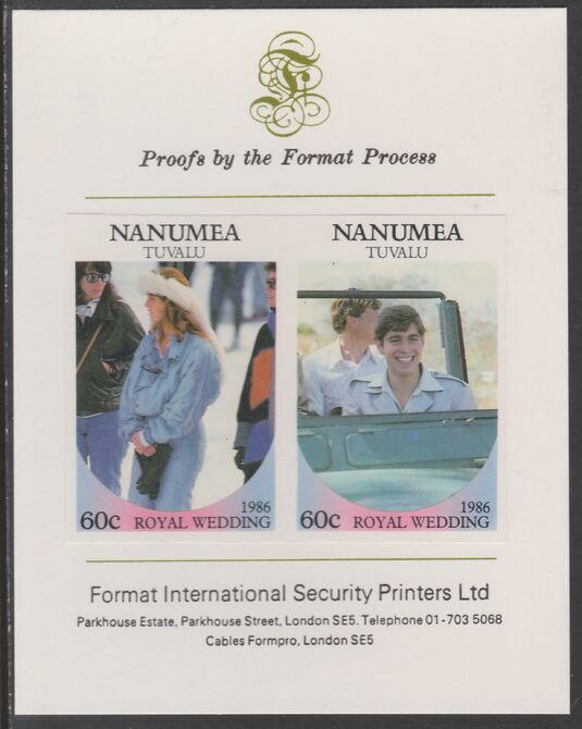 Tuvalu - Nanumea 1986 Royal Wedding (Andrew & Fergie) 60c imperf se-tenant proof pair mounted on Format International proof card , stamps on royalty, stamps on andrew, stamps on fergie, stamps on 