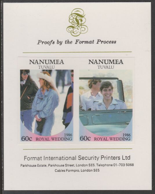 Tuvalu - Nanumea 1986 Royal Wedding (Andrew & Fergie) 60c imperf se-tenant proof pair mounted on Format International proof card , stamps on , stamps on  stamps on royalty, stamps on  stamps on andrew, stamps on  stamps on fergie, stamps on  stamps on 