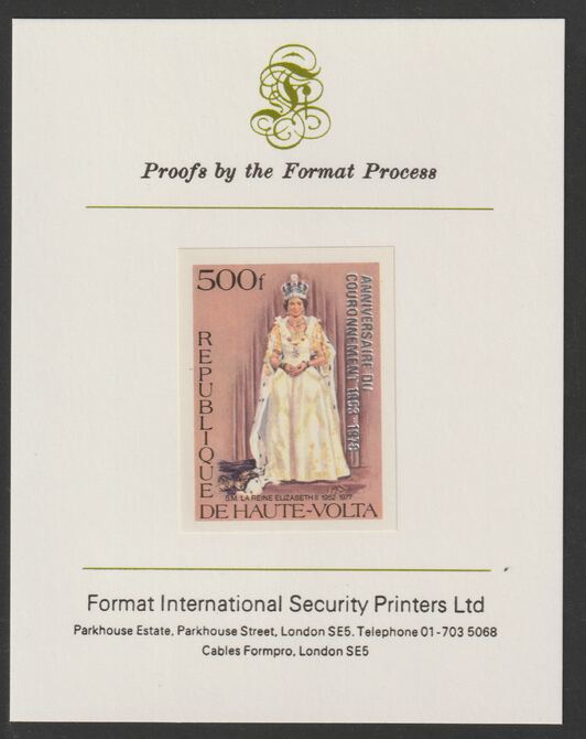 Upper Volta 1978 25th Anniversary of Coronation opt'd on Silver Jubilee 500f imperf proof mounted on Format International proof card as SG MS 497, stamps on , stamps on  stamps on royalty, stamps on silver jubilee, stamps on coronation