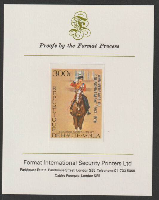 Upper Volta 1978 25th Anniversary of Coronation opt'd on Silver Jubilee 300f imperf proof mounted on Format International proof card , stamps on , stamps on  stamps on royalty, stamps on silver jubilee, stamps on coronation