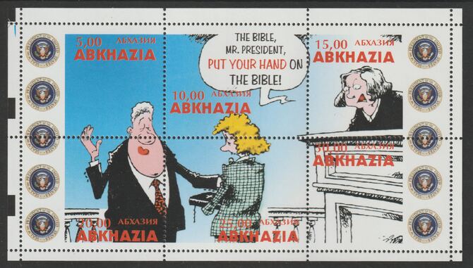 Abkhazia 1999 Bill Clinton (in court) perf sheetlet containing 6 values unmounted mint, stamps on , stamps on  stamps on personalities, stamps on  stamps on usa, stamps on  stamps on presidents, stamps on  stamps on constitutions, stamps on  stamps on americana