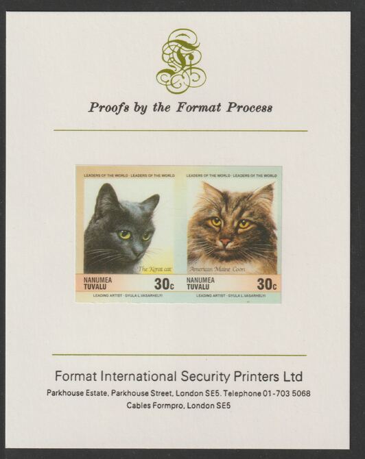 Tuvalu - Nanumea 1985 Cats 30c The Korat & American Maine Coon (Leaders of the World) imperf se-tenant pair mounted on Format International proof card, stamps on animals, stamps on cats