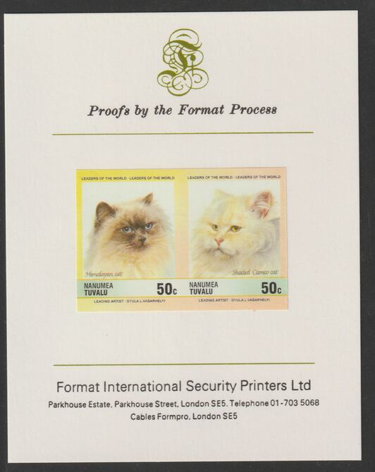 Tuvalu - Nanumea 1985 Cats 50c Himalayan & Shaded Cameo (Leaders of the World) imperf se-tenant pair mounted on Format International proof card, stamps on , stamps on  stamps on animals, stamps on  stamps on cats