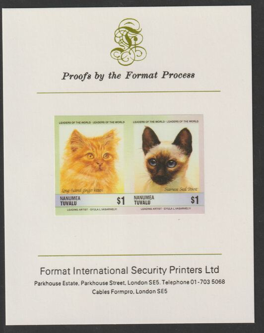 Tuvalu - Nanumea 1985 Cats $1 Long Haired Ginger & Siamese Seal Point (Leaders of the World) imperf se-tenant pair mounted on Format International proof card, stamps on animals, stamps on cats