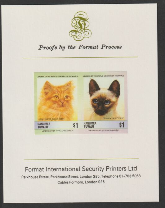 Tuvalu - Nanumea 1985 Cats $1 Long Haired Ginger & Siamese Seal Point (Leaders of the World) imperf se-tenant pair mounted on Format International proof card, stamps on , stamps on  stamps on animals, stamps on  stamps on cats