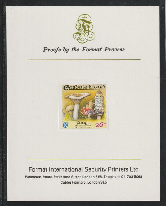 Easdale 1988 Flora & Fauna definitive 26p (Fungi) imperf mounted on Format International Proof Card, stamps on fungi