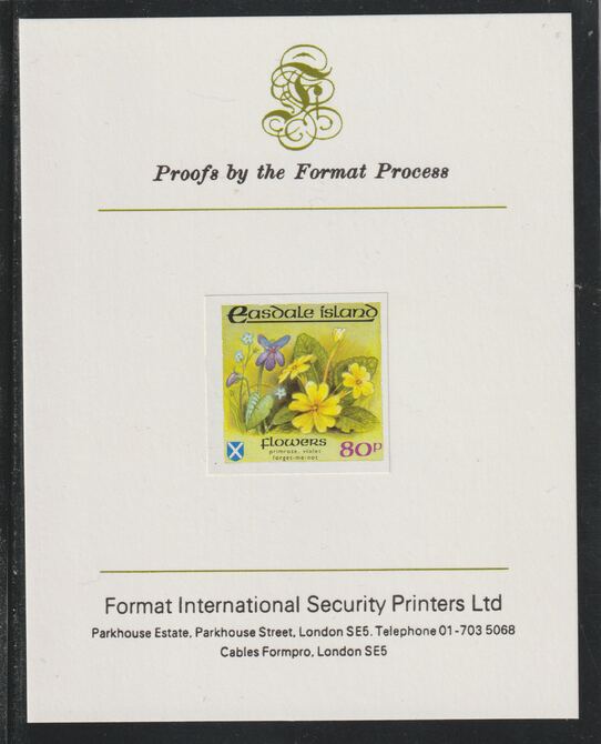 Easdale 1988 Flora & Fauna definitive 80p (Flowers) imperf mounted on Format International Proof Card, stamps on flowers, stamps on violas