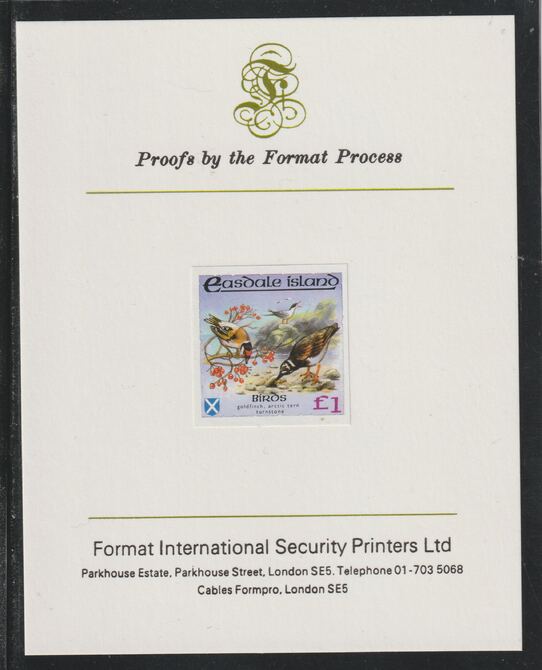 Easdale 1988 Flora & Fauna definitive Â£1 (Birds) imperf mounted on Format International Proof Card, stamps on birds