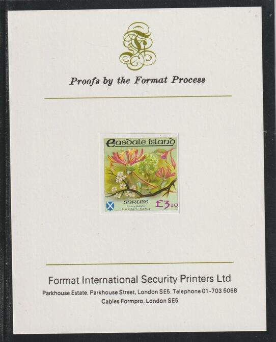 Easdale 1988 Flora & Fauna definitive 3.10 (Shrubs) imperf mounted on Format International Proof Card, stamps on flowers