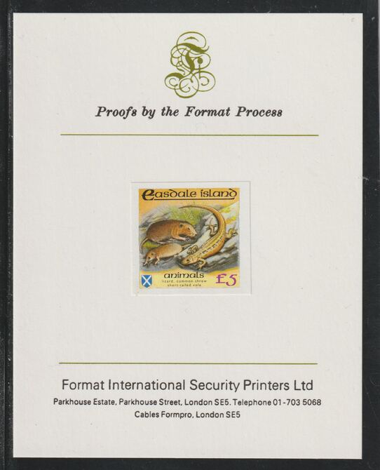 Easdale 1988 Flora & Fauna definitive £5 (Animals) imperf mounted on Format International Proof Card, stamps on animals, stamps on reptiles, stamps on lizards